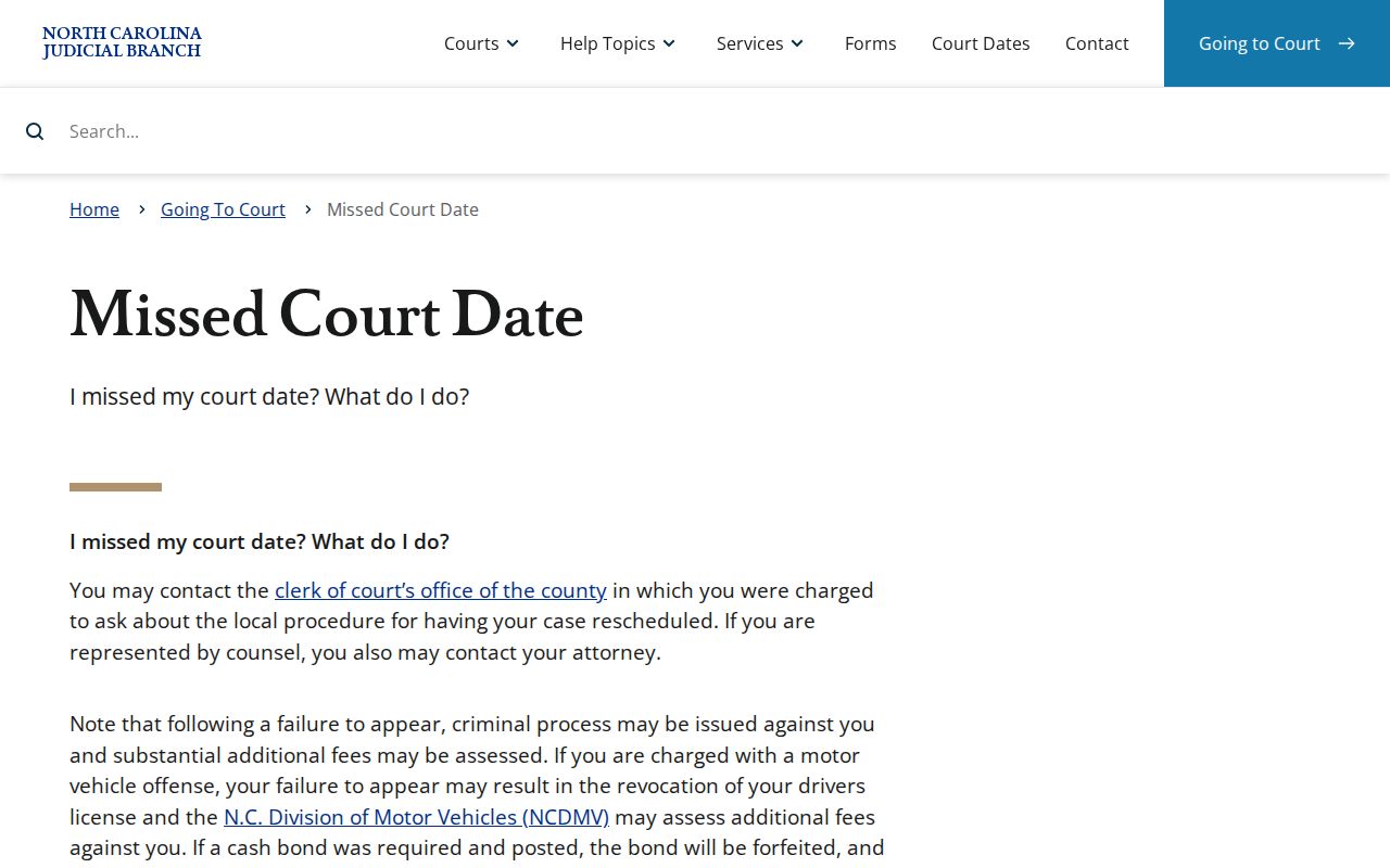 Edgecombe County court calendar missed court date instructions