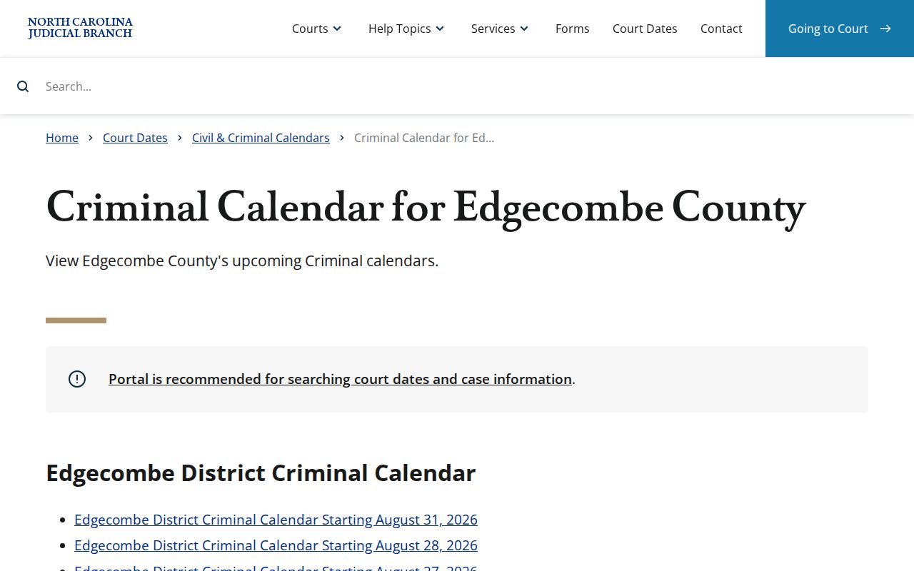 Edgecombe County court calendar criminal calendar source