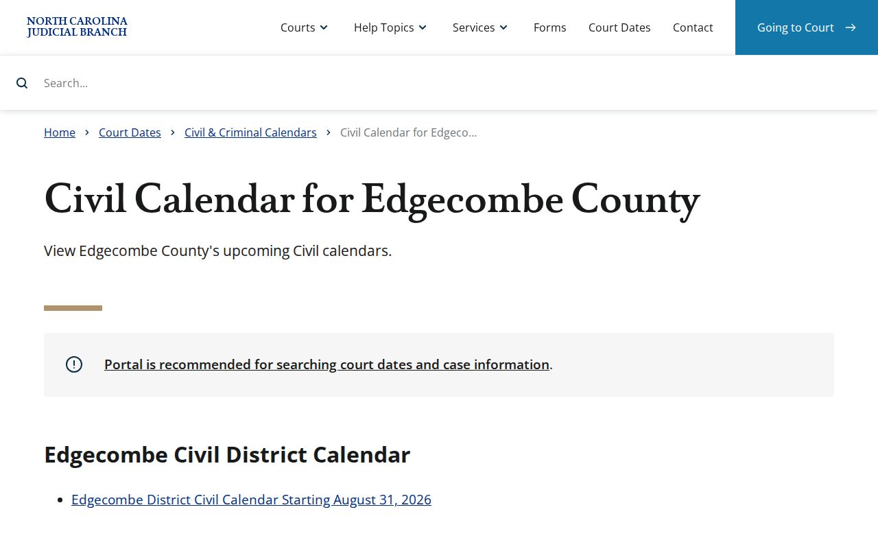 Edgecombe County court calendar civil calendar source