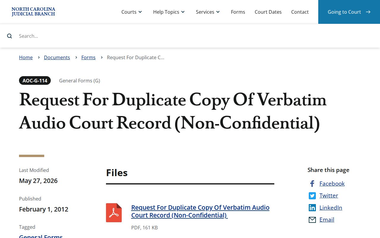 Pinetops court docket nonconfidential audio record request context